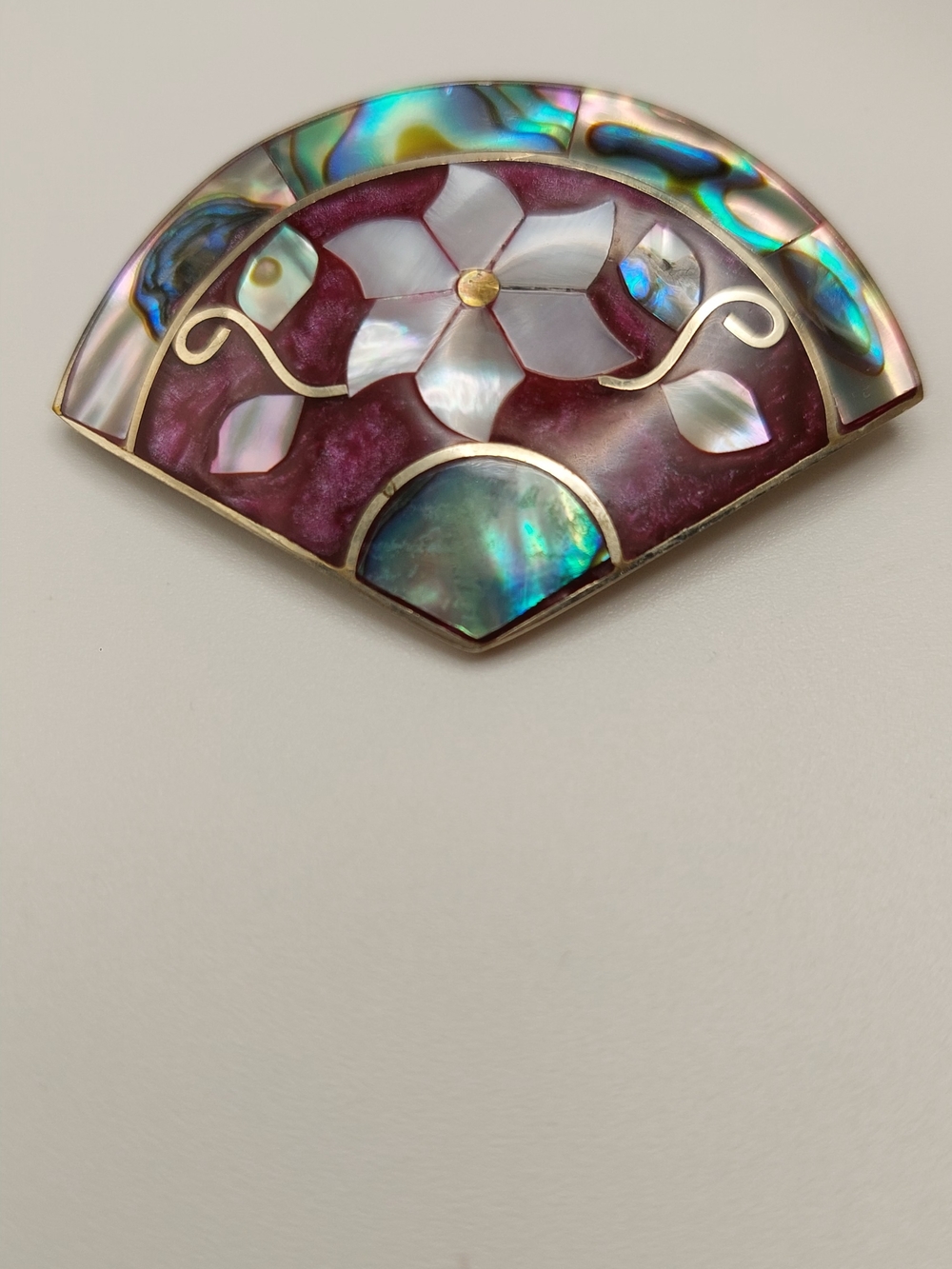 ALPACA MEXICO Stamped Silver Mother-of-Pearl Abalone Floral Fan Brooch With Bail